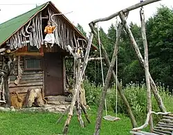 Lithuanian sauna with the mythological decorations of witches