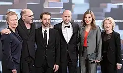 Members of the filmteam of "Angelo", l.t.r.: Anette Keiser (make-up artist), Markus Schleinzer (script and director), Gerald Kerkletz (cinematography), Lukas Miko (actor), Larisa Faber (actress) and Tanja Hausner (costume design), photo call at the Austrian Film Awards 2019 (Rathaus, Vienna,Austria).
