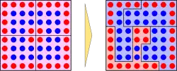 two boxes with red dots and blue dots.