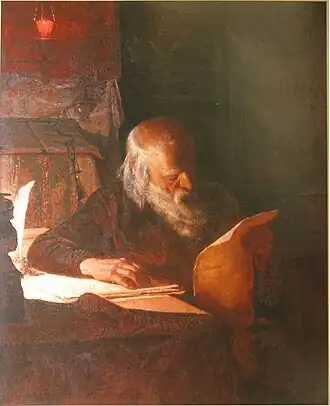 Painting of an old man studying a paper