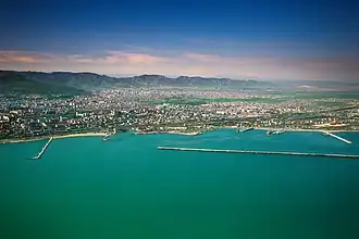 Aerial view of Makhachkala and the Caspian Sea