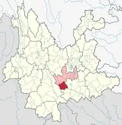 Location of Yuanjiang County jurisdiction (red) within Yuxi City (pink) and Yunnan