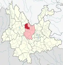Location of Dayao County in Chuxiong Prefecture within Yunnan province