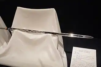 A reproduction of the Nihon-go, one of the Three Great Spears of Japan. Forged in 1967 by Living National Treasure Masamine Sumitani and engraved with a horimono by Sensyū Kokeguchi.