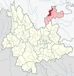 Location of Yongshan County (red) and Zhaotong City (pink) within Yunnan