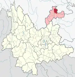 Location of Yanjin County (red) and Zhaotong City (pink) within Yunnan
