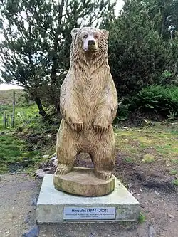 A statue of Hercules the bear at Langass Woods, Isle of North Uist, Scotland.