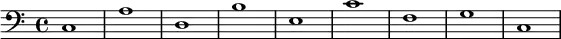
   {
        \new Staff <<
            \new Voice \relative c' {
                \stemDown \clef bass \key c \major \time 4/4 \tempo 1 = 60 \set Score.tempoHideNote = ##t
                c,1 a' d, b' e, c' f, g c,
                }
            >>
     }
