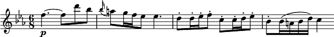 \relative a'' {
\key ees \major
\time 6/8
\tempo ""
\tempo 4 = 120
f4.~\p f8 d' bes
\appoggiatura bes16 a8 g16 f ees8 ees4.
d8\staccato d16\staccato ees\staccato f8\staccato c\staccato c16\staccato d\staccato ees8\staccato
bes\staccato bes16 (a bes d) c4
}