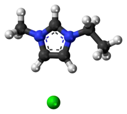 Ball-and-stick model of the component ions of 1-ethyl-3-methylimidazolium chloride