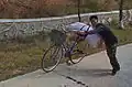 Cyclist transporting cargo along the Kaesong-Nampo motorway, 2015