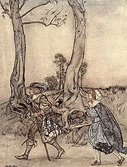 A woman with hands clasped pursues an angry-looking man in an illustration