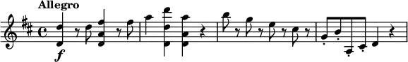 \relative c'' {
\tempo "Allegro"
\key d \major
<d d,>4\f r8 d <fis a, d,>4 r8 fis |
a4 <d d, d,> <a a, d,> r |
b8 r g r e r cis r |
g8-. b-. a,-. cis-. d4 r |
}
