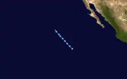 A track map of a tropical depression which moves in a straight, northwestward fashion over the Eastern Pacific Ocean
