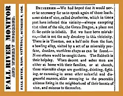 Bowling alleys often had a negative image, as shown in this 1836 editorial portraying bowling alleys as "drunkeries" that were "visited by a set of as miserably profane, drunken, worthless chaps as can be found".