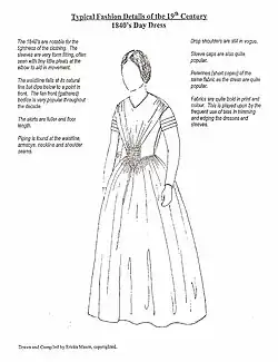Image Text: Typical Fashion Details of the 19th Century 1840's Day Dress The 1840s are notable for the tightness of the clothing. The sleeves are very form fitting, often seen with tiny little pleats at the elbow to aid in movement. The waistline falls at its natural line but dips below to a point in front. The fan front (gathered) bodice is very popular throughout the decade. The skirts are fuller and floor length. Piping is found at the waistline, armscye, neckline, and shoulder seams. Drop shoulders are still in vogue. Sleeve caps are also quite popular. Pelerines (short capes) of the same fabric as the dress are quite popular. Fabrics are quite bold in print and colour. This is played upon by the frequent use of bias in trimming and edging the dresses and sleeves. Drawn and Compiled by Ericka Mason, copyrighted.