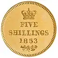 Coin with inscription "Five shillings 1853"