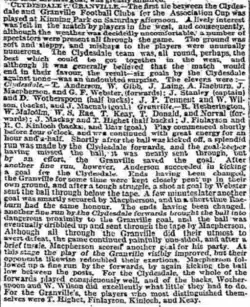 A newspaper match report from the North British Daily Mail describing the Clydesdale vs. Granville first round match