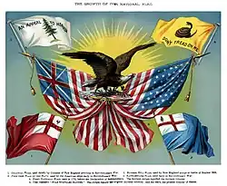 American school textbook, 1885, depicting: Pine Tree Flag, Gadsden flag, American flag, Bunker Hill flag, Flag of New England, and Continental Union Flag