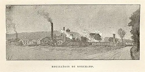 The shaft at the end of its lifespan, c. 1894. The Appolts furnaces have disappeared and the horizontal furnaces can be seen on the right. In the background on the left, the chimney of the Notre-Dame shaft is shown fuming.