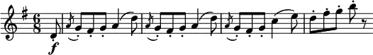 \relative d' {
\key g \major \time 6/8
\partial 8 d8-. \f | \acciaccatura a'8 g-. fis-. g-. a4( d8)
\acciaccatura a8 g-. fis-. g-. a4( d8)
\acciaccatura a8 g-. fis-. g-. c4( e8)
d8-. fis-. g-. b-. r
}