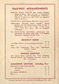 Back cover showing railway arrangements and admission fares