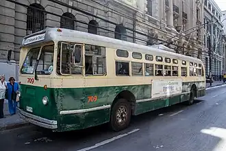 One of the 1952-built Pullman trolley buses in Valparaíso, Chile, in 2014; the last active Pullmans were in service until the early 2020s.
