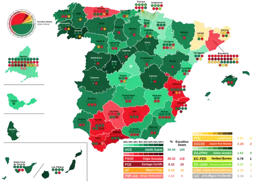 Map of Spain showcasing seat distribution by Congress of Deputies constituency