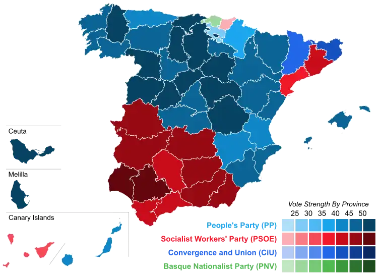 Map of Spain showcasing winning party's strength by constituency