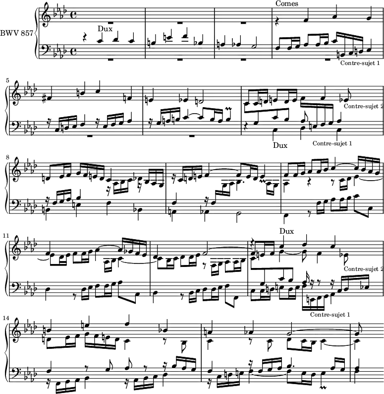 \version "2.18.2"
\header {
tagline = ##f
}
Prallbq = { \tag #'print { b4\prall } \tag #'midi { \times 2/3 { c32 b c } b16~ b8 } }
Dux = { e4\rest c4-\markup{Dux} des c b e f bes, a aes g2~ }
Comes = { r4^\markup{ Comes} f4 aes g fis b c f, e ees d2 }
ContreSujetA = { b16_\markup{\tiny "Contre-sujet 1"} c d ees4 r16 c16 d ees f4 r16 ees16 f g aes4 r16 g16 a b c4~ c8 b16 a \Prallbq }
% le même avec *changement de portée*
ContreSujetAa = { \stemUp \change Staff = "lower" b16_\markup{\tiny "Contre-sujet 1"} c d ees4 e16\rest c16 d ees f4 \stemDown \change Staff = "upper" r16 ees16 f g aes4 \stemUp r16 g16 a b c4^~ c8 b16 a \Prallbq }
ContreSujetB = { ees8_\markup{\tiny "Contre-sujet 2"} d ees16 f g f e d c4 g16\rest bes16 aes g \stemUp \change Staff = "lower" f4 r16 f16 \stemDown \change Staff = "upper" g aes bes4. aes16 g aes4 }
% le même avec *changement de portée*
ContreSujetBb = { ees8_\markup{\tiny "Contre-sujet 2"} d ees16 f g f e d c4 \stemUp \change Staff = "lower" c16\rest bes16 aes g f4 d'16\rest f,16 g aes bes4. aes16 g aes4 }
upper = \relative c'' {
\clef treble
\key f \minor
\time 4/4
\tempo 4 = 56
\set Staff.midiInstrument = #"harpsichord"
%% FUGUE CBT I-12, BWV 857, fa mineur
<< { s1*12 \Dux g8 } \\ { R1*3 \stemUp \Comes c8 c16 d e8 d16 e \stemDown f \transpose b e \relative c' { \ContreSujetAa } f8 f16 g aes8 aes16 bes c4^~ c16 bes aes g | f4 } \\ { s1*6 s2 s8 \relative c' { f4 \ContreSujetB } b,4\rest b8\rest \stemDown c16 des ees4_~ | ees8 des16 ees f8 f16 g aes4~ \stemUp aes16 ges f ees | des4 s4 f2~ f8 e16 f \stemDown g4_~ g8 f4 \ContreSujetBb } >>
}
lower = \relative c' {
\clef bass
\key f \minor
\time 4/4
\set Staff.midiInstrument = #"harpsichord"
<< { \Dux f8 f16 g aes8 aes16 bes c \relative c { \ContreSujetA } \stemDown \change Staff = "upper" c8 \stemUp \change Staff = "lower" g c bes aes s4 s1*3 s2. | \stemDown \change Staff = "upper" aes16 bes c4_~ c8 bes16 c des8 des16 ees f,8\rest f16 g aes8 aes16 bes c8 \stemUp \change Staff = "lower" g c bes aes16 r16 r8 r16 c,16 d ees f4 r8 g8 aes r8 \stemDown \change Staff = "upper" c8\rest bes8 c4 c8\rest c8 des c16 bes c4_~ c4 } \\ { R1*6 \relative c { \Dux f4 r8 f'16 g aes8 aes16 bes c8 c, des4 r8 des16 ees f8 f16 g aes8 aes, bes4 r8 bes16 c des8 des16 ees f8 f, c' c16 d e8 d16 e f } \transpose b e \relative c { \ContreSujetA } f,4 } >>
}
thePianoStaff = \new PianoStaff <<
\set PianoStaff.instrumentName = #"BWV 857"
\new Staff = "upper" \upper
\new Staff = "lower" \lower
>>
\score {
\keepWithTag #'print \thePianoStaff
\layout {
\context {
\Score
\remove "Metronome_mark_engraver"
%\override SpacingSpanner.common-shortest-duration = #(ly:make-moment 1/2)
}
}
}
\score {
\keepWithTag #'midi \thePianoStaff
\midi { }
}