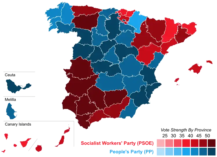 Map of Spain showcasing winning party's strength by constituency