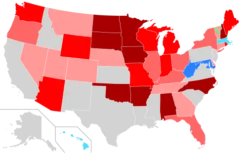 Net changes to upper house seats after the 2010 elections &nbsp;&nbsp;&nbsp;&nbsp;&nbsp;+1 Rep seat &nbsp;&nbsp;&nbsp;&nbsp;&nbsp;+2 Rep seats &nbsp;&nbsp;&nbsp;&nbsp;&nbsp;+3–5 Rep seats &nbsp;&nbsp;&nbsp;&nbsp;&nbsp;+6–16 Rep seats &nbsp;&nbsp;&nbsp;&nbsp;&nbsp;+1 Dem seat &nbsp;&nbsp;&nbsp;&nbsp;&nbsp;+2 Dem seats &nbsp;&nbsp;&nbsp;&nbsp;&nbsp;+1 Prog seat