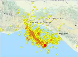Map of aftershocks as of 13 September, Red marks earthquakes over Mw  8.0 and orange over Mw  5.0.