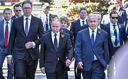 Vladimir Putin with Serbian President Aleksandar Vučić and Israeli Prime Minister Benjamin Netanyahu.