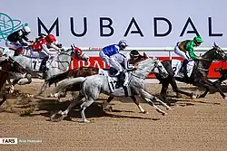 Several jockeys are riding horses at a desert race track