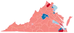 A map of Virginia showing the results of the 2023 Virginia House of Delegates election, with Republican districts in red and Democratic districts in blue, with heavier shading showing which changed parties.
