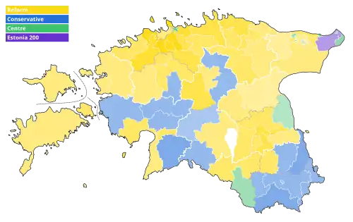 A map of the results of the 2023 Estonian parliamentary election by municipalities