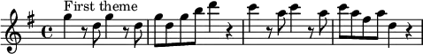 \layout { \set Score.tempoHideNote = ##t line-width = 12\cm }
\relative c''' {
\set Staff.midiInstrument = #"string ensemble 1"
\tempo 4 = 148
\key g \major
\time 4/4
g4^"First theme" r8 d8 g4 r8 d8 | g8 d g b d4 r4 | c4 r8 a8 c4 r8 a8 | c8 a fis a d,4 r4 |
}