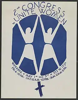 A poster for the Second Congress to Unite Women in 1970. It is a drawing of two women inside of a Venus symbol with the name and dates of the conference around it.