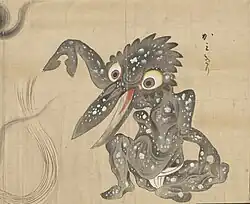 33 Kamikiri (かみきり) are yōkai that have insect-like characteristics with scissor-like hands and a long beak. They are known for using their scissor-like hands to cut an unsuspecting victim's hair off without warning or motive. Not much is actually known about kamikiri because there has not been a single documented eye-witness account, which might be partially due to the fact that some victims of kamikiri attacks do not realize their hair has been cut until much later.[81] Kamikiri are often depicted in scrolls with a sumo wrestler-type mawashi girded about its loins as it cuts a lock of hair. Kamikiri tend to target young women more so than men, though they have been known to attack men as well. They are especially prone to attack at twilight and in urban areas in places such as dark alleys, bedrooms and, most commonly, bathrooms. Hair in the Edo period of Japan was a symbol of wealth and status, while cutting one's hair was symbolic of becoming a monk or nun, so to have one's hair cut against one's will would have been an extremely unfortunate and terrifying ordeal.[88]
