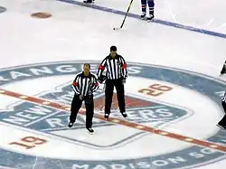 Two ice hockey referees standing at centre ice