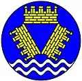 Badge of Merseyside Metropolitan Council (England): On a roundel azure three mural crowns conjoined in pile [merlons outwards] or, in base two barrulets argent.