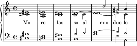 \new PianoStaff <<
{
\accidentalStyle piano
\set Score.midiInstrument = "choir aahs"
}
\new Staff \fixed c' {
\omit Score.MetronomeMark \tempo 4 = 110
<cis eis>1 | <a, e> | <b, dis> | << { d~ | 2 d' | gis a4 } \\ { b,2 c | d1~ | 2 c | } >>
}
\new Lyrics \lyricmode { Mo1 -- ro -- las -- so 2 al __ _ mio duo -- lo }
\new Staff {
\clef bass
<cis gis>1 | <c e> | <b, fis> | << { g2 a | b1~ | 2 a | } \\ { b,1 | g | e2 a, | } >>
}
>>