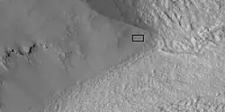 Close view of part of glacier, as seen by HiRISE under HiWish program Box shows size of football field. Location is Ismenius Lacus quadrangle.