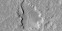 Close view of ridge networks, as seen by HiRISE under HiWish program Since some ridges are at the bottom of the depression, the ridges may be from a lower layer.
