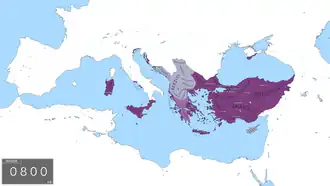 The Byzantine Empire after the coronation of Charlemagne as Imperator Romanorum, 800