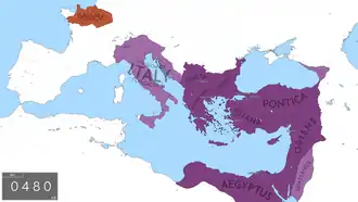 The territory of the Eastern Roman Empire under the Leonid dynasty in 480. The Western Roman Empire, depicted in light purple, collapsed in 476/480, though the regions depicted nominally continued to be under Roman rule as vassals of the Eastern Empire. Orange is the Western Roman rump state at the time of Syagrius, now called the Kingdom of Soissons