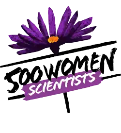 Purple flower and graffit-style letters which read "500 Women Scientists"