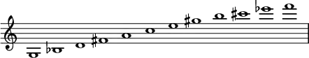 {
\override Score.TimeSignature
#'stencil = ##f
\override Score.SpacingSpanner.strict-note-spacing = ##t
\set Score.proportionalNotationDuration = #(ly:make-moment 3/2)
\relative c' {
\time 12/1
\set Score.tempoHideNote = ##t \tempo 1 = 60
g1 bes d fis a c e gis b cis ees f
}
}
