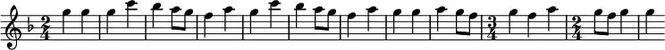 \relative {
\key f \major
\time 2/4
\set Score.tempoHideNote = ##t \tempo 4 = 128
{g''4 g4 | g4 c4 | bes4 a8 g8 | f4 a4 | g4 c4 | bes4 a8 g8 | f4 a4
| g4 g4 | a4 g8 f8 | \time 3/4 g4 f4 a4 | \time 2/4 g8 f8 g4 | g4}
}